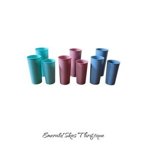 Vintage Set of 9 Plastic Tumblers Cups Teal Mauve Blue Retro Drinkware free ship